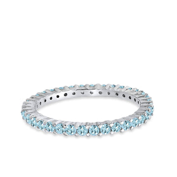 Full Eternity Wedding Band Round Simulated Aquamarine CZ Ring 925 Sterling Silver